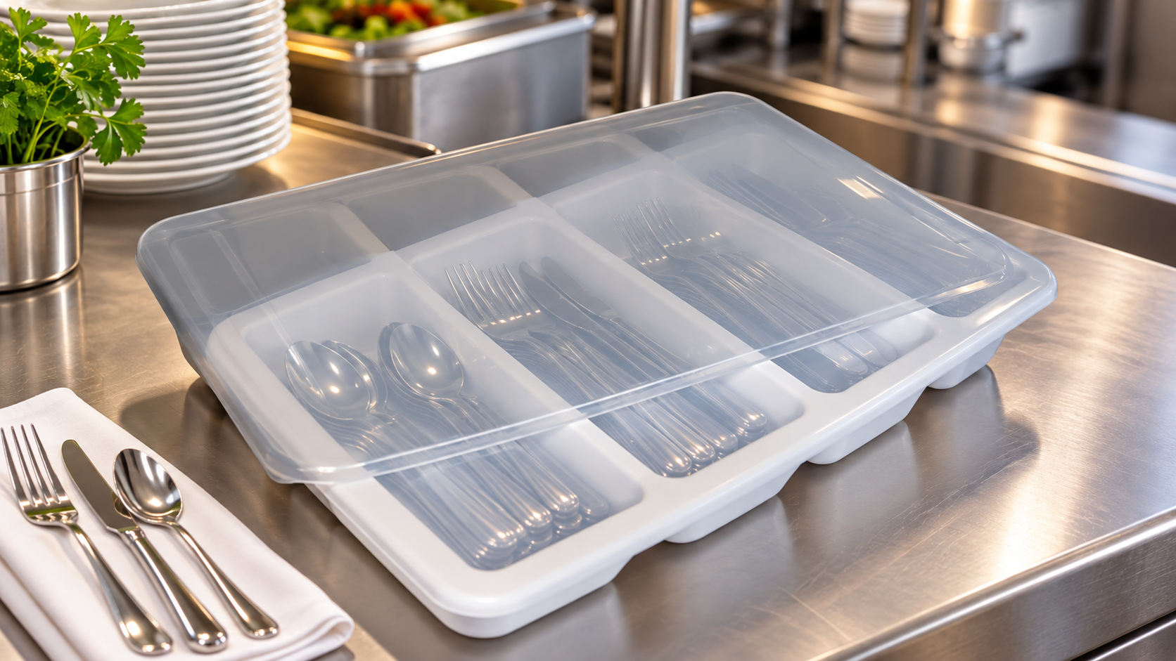Porta talheres com tampa ajuda restaurantes a organizar, proteger e transportar utensílios com mais praticidade. Conheça a solução da LZ Cozinhas